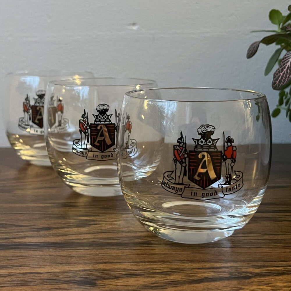 Vtg Roly Poly Glasses Set of 3 A Always In Good Taste Crest Rocks Lowball Whis